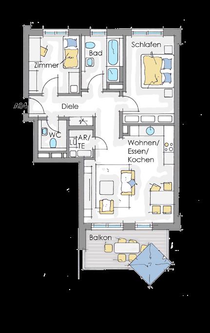 3-Zimmer-Wohnung mit Balkon A04 -OG Wohn- und Nutzfläche (netto) Wohnen/Essen/Kochen