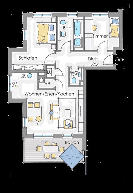 3-Zimmer-Wohnung mit Balkon * * abgehängter Bereich A06 - OG Wohn- und Nutzfläche (netto) Wohnen/Essen/Kochen 29,20 m² Schlafen 16,17 m² Zimmer 10,54 m² Bad 7,26 m² WC 1,94 m² Diele