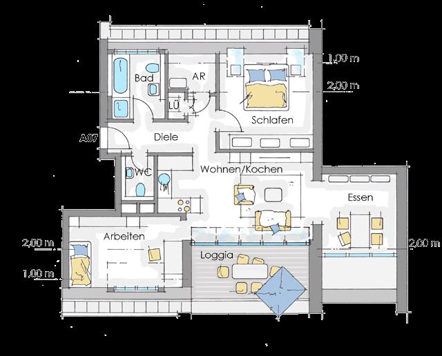 3-Zimmer-Wohnung mit Loggia und Wintergarten A07 - DG Wohn- und Nutzfläche (netto)