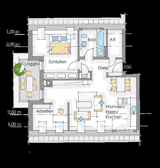2-Zimmer-Wohnung mit Loggia A08 -DG Wohn- und Nutzfläche (netto)