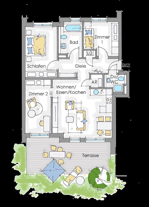 4-Zimmer-Wohnung mit Garten und Terrasse * * abgehängter Bereich B02 - EG Wohn- und Nutzfläche