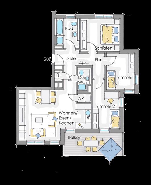 4-Zimmer-Wohnung mit Balkon B03 - OG Wohn- und Nutzfläche (netto) Wohnen/Essen/Kochen 32,10 m² Schlafen 13,28 m² Zimmer 1 10,50 m² Zimmer 2 11,86 m² Bad 7,08 m² Du/WC 3,00 m² Diele 7,33