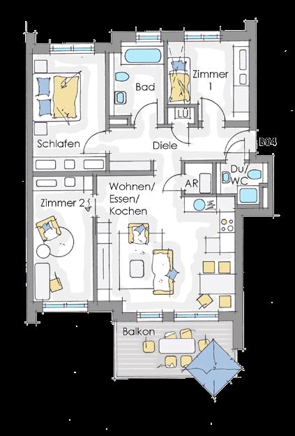 4-Zimmer-Wohnung mit Balkon * * abgehängter Bereich B04 -OG Wohn- und Nutzfläche (netto)