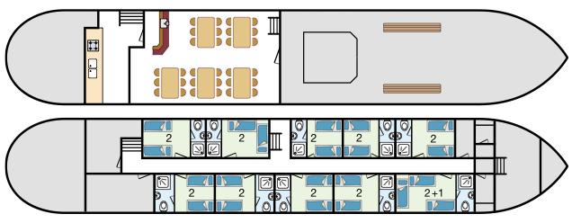 können zu Dreibettkabinen mit Etagenbett werden) auf dem Unterdeck von ungefähr 11 m², 3 Etagenbettkabinen (jede kann