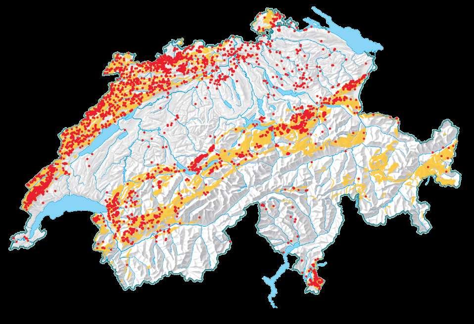 Dies ist ein Überblick über die Karstgebiete der Schweiz (gelb) und die Höhlen (rote Punkte).