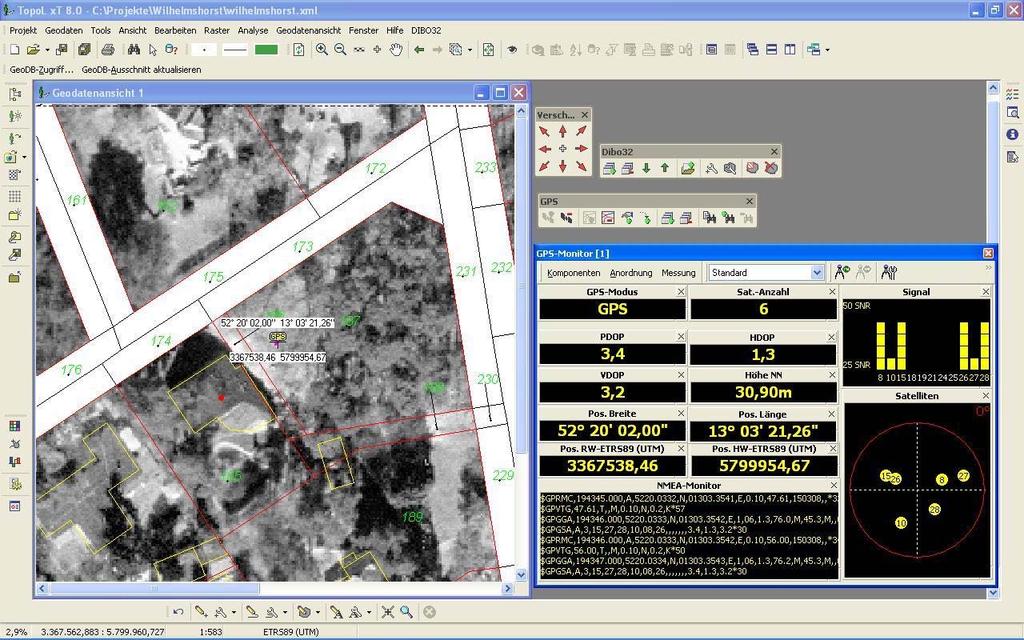 TopoL xt GPS Felddatenerfassung GPS-Position mit Textanzeige (optional) GPS-Werkzeugleiste (GPS Ein, Aus, Position