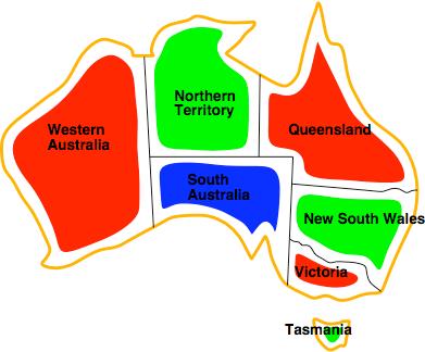 Eine Färbung Australiens ungleiche_farbe={ R,G, R,B, G,R, G,B,