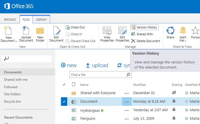4 Dokumentversionen verwalten OneDrive for Business bietet Ihnen die Möglichkeit, ältere Versionen Ihrer Dokumente anzusehen und wiederherzustellen.