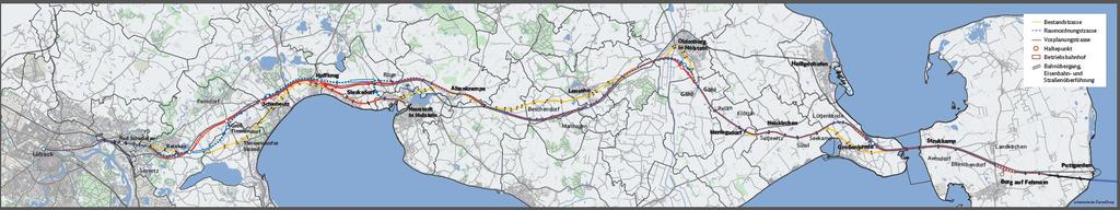 Schienenanbindung der Festen Fehmarnbeltquerung Projektsteckbrief Aktuelle Situation: eingleisige Strecke; nicht elektrifiziert Höchstgeschwindigkeit: 140 km/h Durchschnittsgeschwindigkeit: ca.
