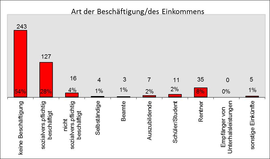 3.3 Art der Beschäftigung Der Anteil der Ratsuchenden ohne Beschäftigung nahm weiter um 5% zu und lag bei 54%.