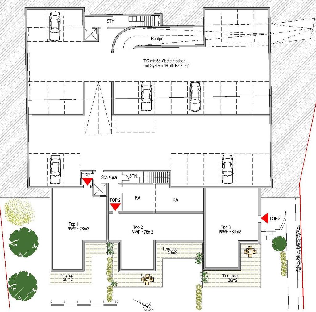 Entwurfsgedanken Alls Wohneinheiten weisen großzügige Terrassenflächen auf, wobei diese so geplant werden, das flächenmäßig größere Wohneinheiten für Familien in Maisonetten in den beiden