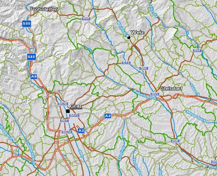 Projektgrundstücke : Westlich gelegen der Bundesstraße B 64 zwischen den Städten Gleisdorf und Weiz KG 63256 Gr.Nr.