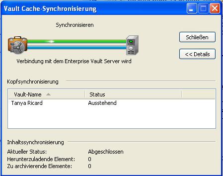 34 Verwalten der Enterprise Vault-Archivierung Synchronisieren Ihres Vault Cache Enterprise Vault legt automatisch fest, welche Elemente auf Ihren Vault Cache heruntergeladen werden.