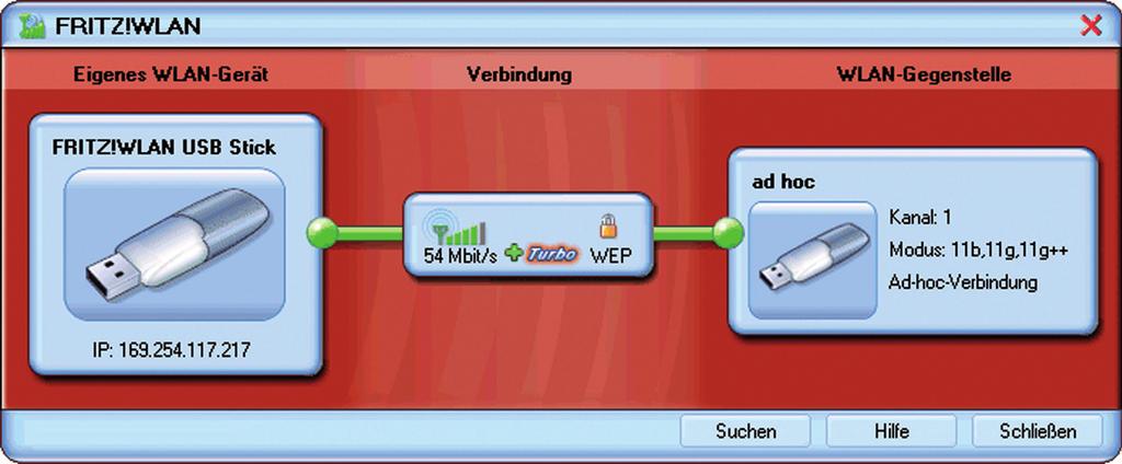 5. Das Ad-hoc-Netzwerk wird als bekanntes Gerät im Steuerungsprogramm FRITZ!WLAN angezeigt und die WLAN-Verbindung wird aufgebaut. Steuerungsprogramm FRITZ!WLAN - Ad-hoc-Netzwerk 6.