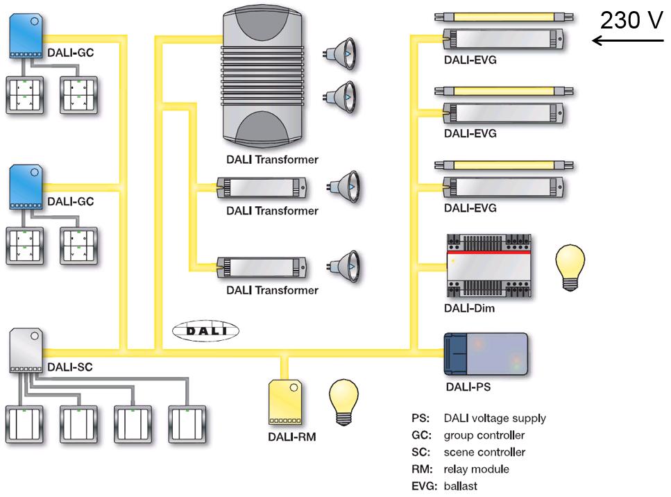 Einführung Merkmale DALI Durch 2-adrige Busleitung weniger Verdrahtung und Leitungen verglichen mit einem 1-10 V System Statusmeldungen, z.b.