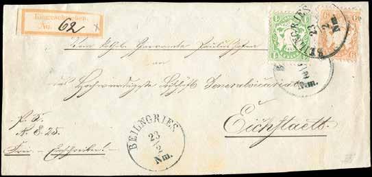 BAYERN 1868/1870 53 270 1870, 1 Kreuzer grün und 9 Kreuzer braun auf Brief-Vorderseite (R-Zettel Nr.