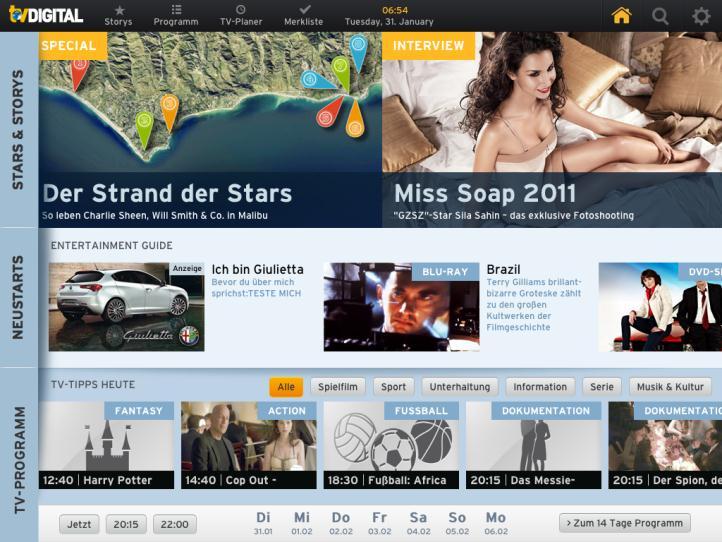 TV DIGITAL ipad App Integration Weitere Teaserflächen auf
