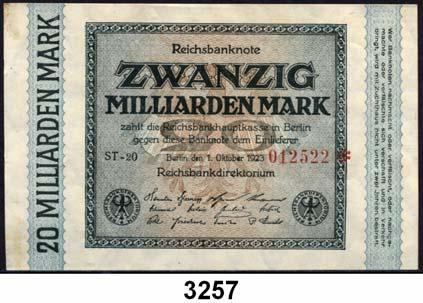 209 I N F L A T I O N 3257 F 115b 20 Milliarden Mark 1.10.1923. Fehldruck : Die Randleiste "20 Milliarden Mark" auf der linken Seite statt rechts.