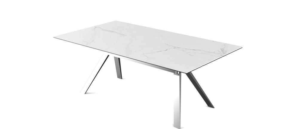 DISPONIBILE ANCHE CON PIANI IN CERAMICA. H L1 L2 FRAME & LEGS 48 ALUMINIUM - TOPS WHITE STATUARIO EXTENSIBLE DINING TABLE WITH TOPS AND EXTENSIONS IN GLASS.