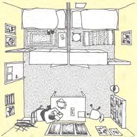 Wohnraum mit Küche Der Wohnraum kann, je nach Ihren Gewohnheiten, verschiedenen zusätzlichen Zwecken dienen. Er kann, wie häufig praktiziert, mit dem Essplatz zusammengelegt sein.