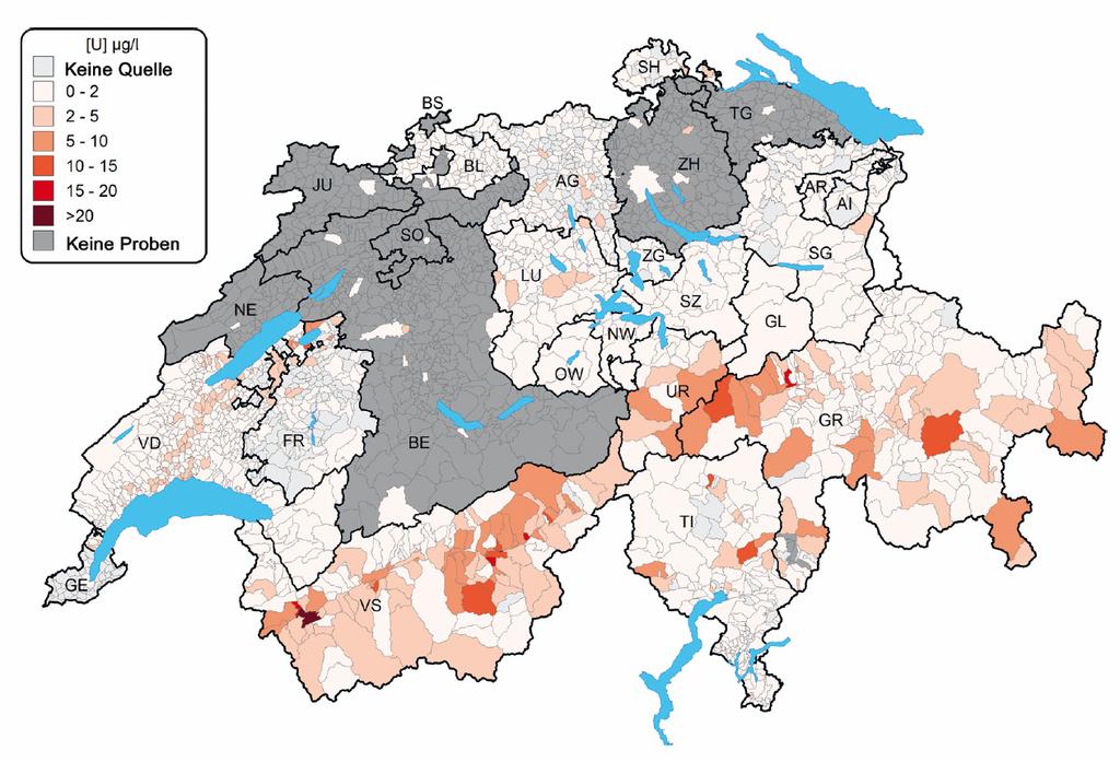 Uran im Trinkwasser der Schweiz (Quelle: BAG 2012) Umrechnung: 1 g U/L 0.0123 Bq/L Neuer WHO-Richtwert 30 g U/L 0.
