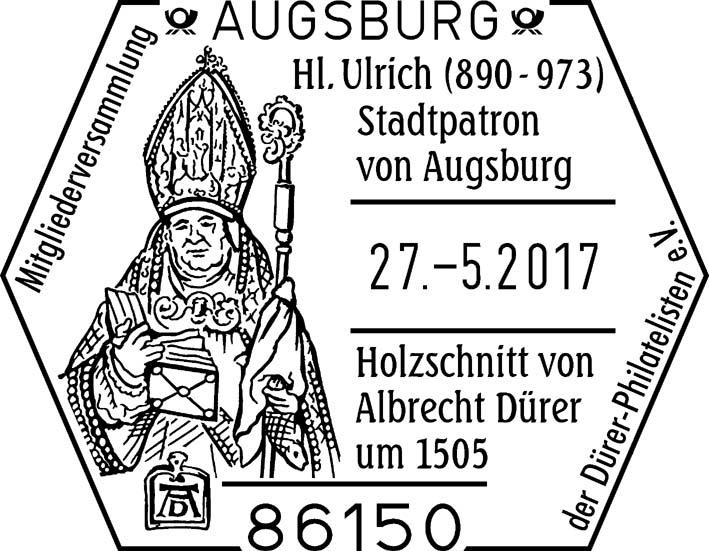 1. Philatelistische Stempel Sonderstempel - Neuheiten 86150 AUGSBURG - 27.5.2017 stempelnr.: 09/107 Sonderstempel Mitgliederversammlung der Dürer-Philatelisten 25. 28.05.