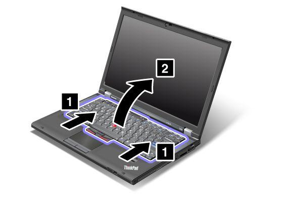 7. Drücken Sie kräftig in die von den Pfeilen in der Abbildung (1) angegebene Richtung, um die Vorderseite der Tastatur