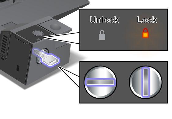 Gehen Sie wie folgt vor, um ein Sicherheitsschloss am ThinkPad Port Replicator Series 3 anzubringen: Sperrschlüssel für das System verwenden Der Sperrschlüssel für das System kann in zwei Positionen
