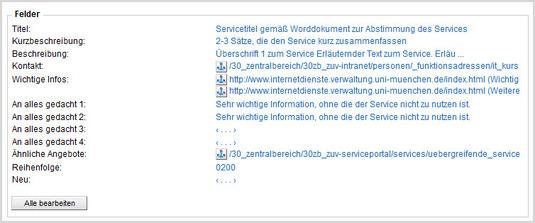 Erstellen Sie die weiteren Informationen zum Service Wichtige Infos: Setzen Sie bis zu 7 Links, z.b. auf weiterführende Informationen, PDFs. An alles gedacht 1-4: Editorfeld für max.