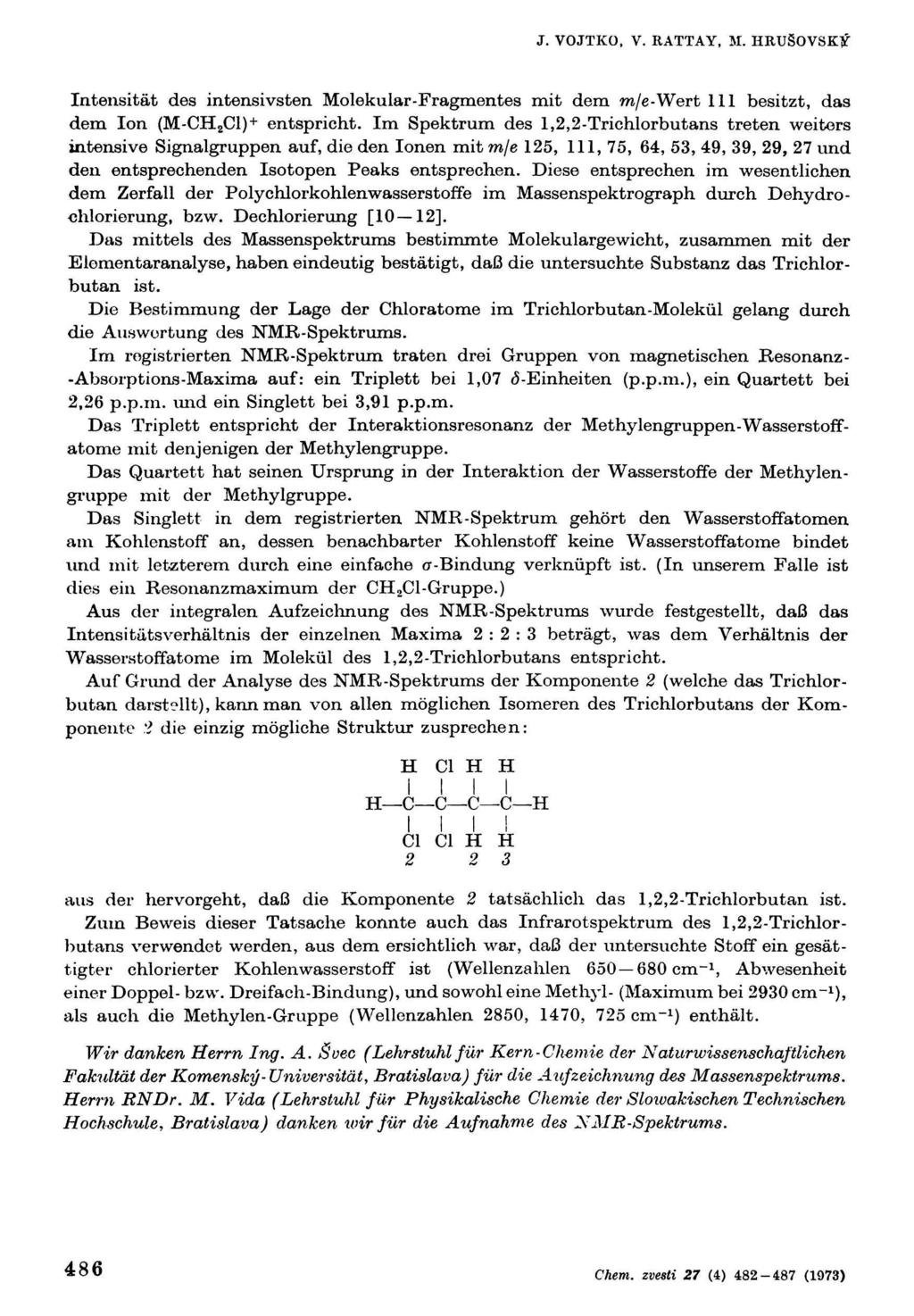 J. VOJTKO, V. RATTAY, M. HRUŠOVSKO Intensität des intensivsten Molekular-Fragmentes mit dem m/e-wert 111 besitzt, das dem Ion (M-CH 2 C1) + entspricht.