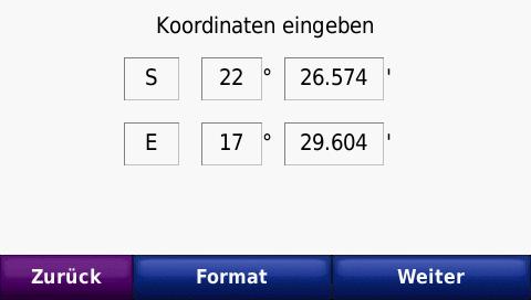 6 Kurzanleitung Garmin Nüvi mit Tracks4Africa Falls Sie mit Koordinaten arbeiten, entnehmen Sie diese wahrscheinlich einer Karte oder erhalten diese Koordinaten von Bekannten mitgeteilt.