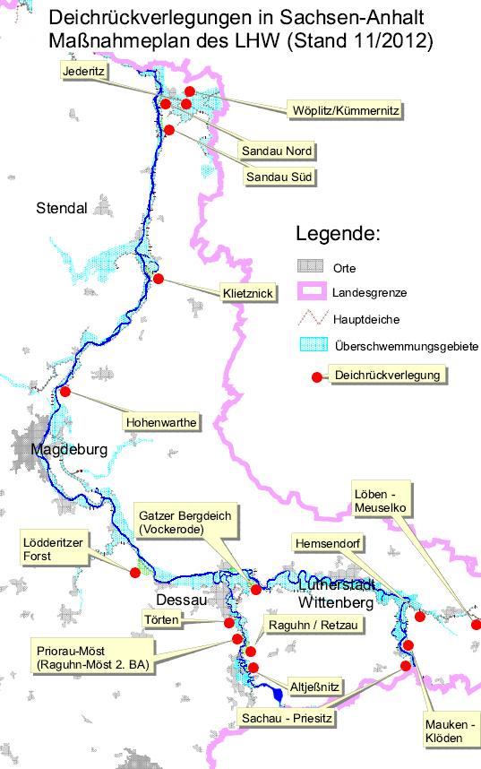 Deichrückverlegungen und Auenschutz - konzeptionell Überblick über die Gesamtplanungen in Sachsen-Anhalt Deichrückverlegungen in Sachsen-Anhalt - Maßnahmeplan des LHW mit Stand November 2012 Gewässer