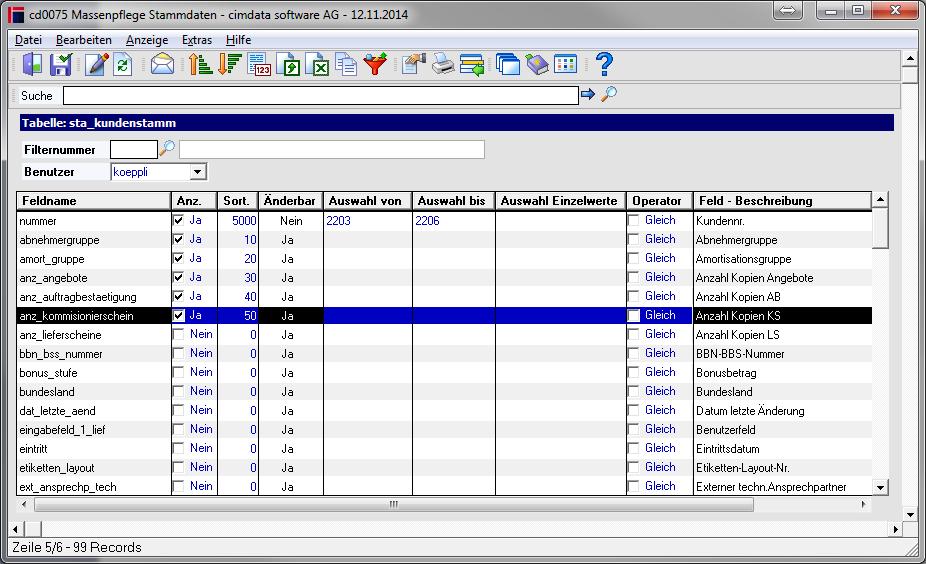 SERV cd0075 - Massenpflege Auswahl der gewünschten Datenfelder mit