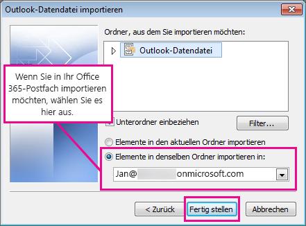 Outlook beginnt sofort mit dem Importieren des Inhalts Ihrer PST-Datei. Dieser Vorgang ist abgeschlossen, sobald das Statusfeld nicht mehr angezeigt wird.
