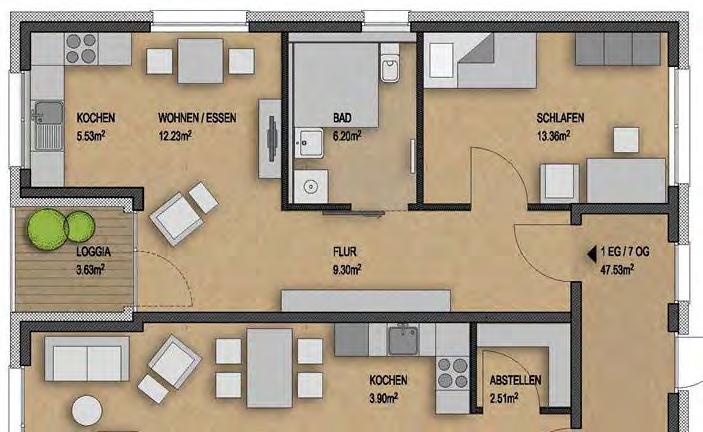 Wohnungsbeispiel mit Wohnberechtigungsschein 51,50 m² Die barrierefreie 2-Zimmer- Wohnung liegt