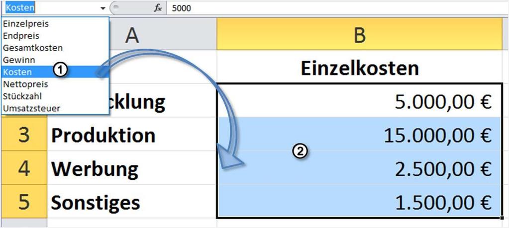 Besonderheiten beim Einfügen von Namen Wenn Sie in eine Formel einen Bereichsnamen eingeben, sucht Excel automatisch in der aktuellen Zeile/Spalte nach einem Abbildung 5 - Besonderheiten bei der