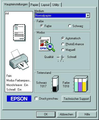 Sie können die Technische Support-Internetseite aus dem EPSON Status Monitor 3 aufrufen oder aus dem Druckertreiber.