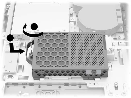 4. Schrauben Sie die vier Montageschrauben mit Tüllen durch die Seiten des Festplattengehäuses in den 2,5-Zoll-Laufwerksadapter ein (2).
