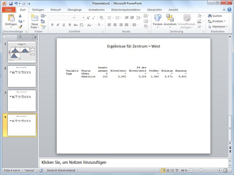 Präsentieren von Ergebnissen aus Minitab Die Microsoft PowerPoint-Präsentation enthält das Histogramm und die verschiedenen Abschnitte der Ausgabe aus dem Sessionfenster auf separaten Folien.