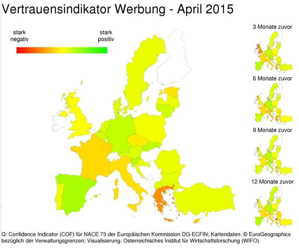 EU Vertrauensindikator der Werbewirtschaft: April 2015 Konjunkturklima bleibt in der deutschen Werbewirtschaft sehr optimistisch Auch in Skandinavien, im Baltikum und den Benelux- Staaten zeigt sich