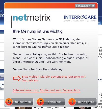 Methodik Onsite-Befragung im Modul NET-Metrix-Profile Einladung zur Onsite-Befragung für NET-Metrix-Profile (Auslieferungsformate: Flashoder HTML-Layer, Pop-Up) Stichprobenziehung Onsite-Befragung: