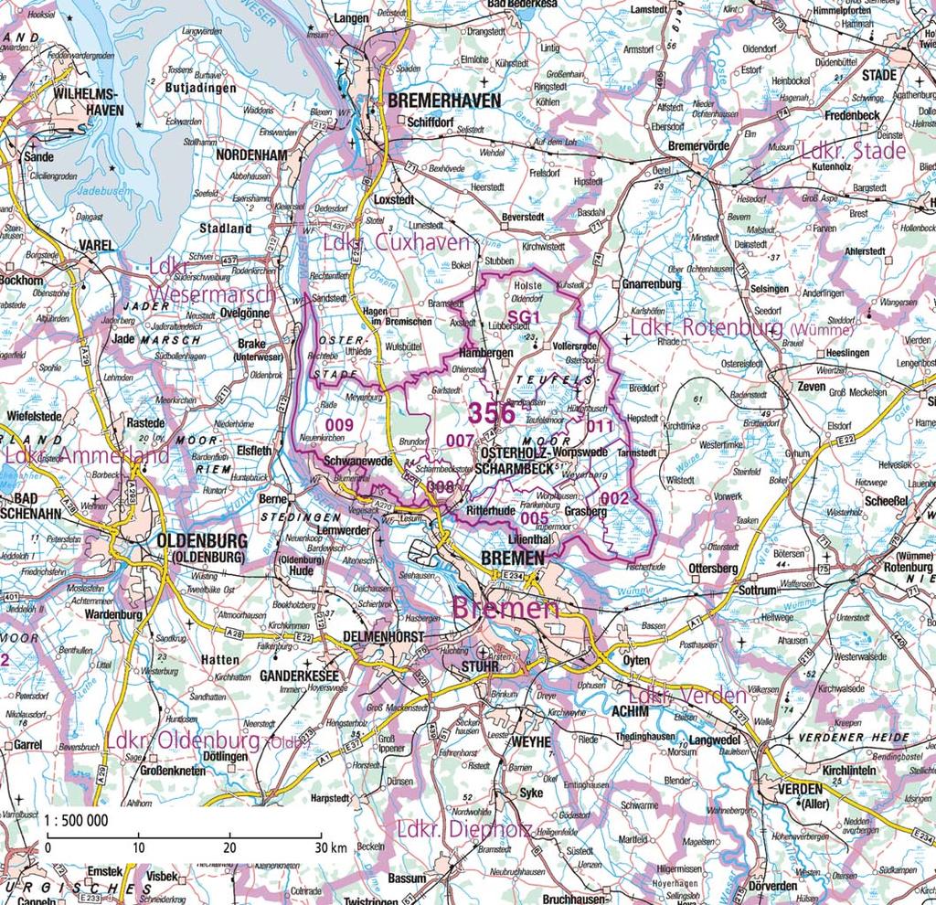 Landkreis Osterholz Bezirk Lüneburg Übersicht und Gebietsentwicklung Der Landkreis Osterholz, sowohl in Bezug auf Flächengröße (650,73 km²) als auch Einwohnerzahl (31.12.