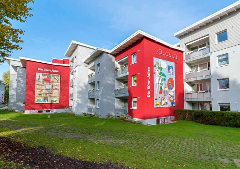 8 Selbstbestimmt Wohnen mit Versorgungssicherheit Umstrukturierung einer Wohnsiedlung in Bielefeld Die Giebelgestaltung ist das prägende Merkmal der neuen Fassaden im Quartier und zeigt Elemente