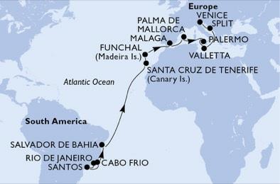 Reiseziel: MSC Grand Voyages Kreuzfahrtroute: Brasilien, Spanien, Portugal, Italien, Malta, Kroatien Schiff: MSC MUSICA Abfahrtshafen: Rio de Janeiro, Brasilien Abfahrtsdatum: 4.