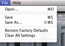 File-Menü Mac Windows Open - öffnet das Fenster File Open, in dem Sie alle gespeicherten Scarlett-MixControl-Setups auswählen können.