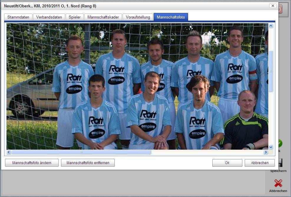 IV-4-6) Verein - Mannschaften - Mannschaftsfoto Auf dem Karteireiter Mannschaftsfoto kann ein Bild der Mannschaft eingepflegt werden.