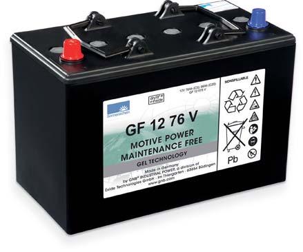 > Verschlossene Batterietechnik (VRLA), der Elektrolyt ist in einem Gel festgelegt > Wartungsfrei (kein Wasser nachfüllen) > 450 Zyklen gemäß IEC 60254-1 > Sehr robust Baureihe GF-V (dryfit traction