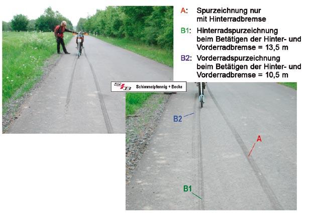 Der einzige Unterschied zwischen dem Spurzeichnungsbild des Vorder- und Hinterrades war eine ausgeprägtere Kantenspurzeichnung in der Vorderradblockierspur.