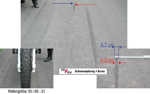 Motorradfahrers kommt. Wird das Vorderrad in einen hohen Schlupfzustand gebracht, bei dem es nur zur Bremsspurzeichnung kommt, kann auch diese Spur über mehrere Meter gezeichnet werden.