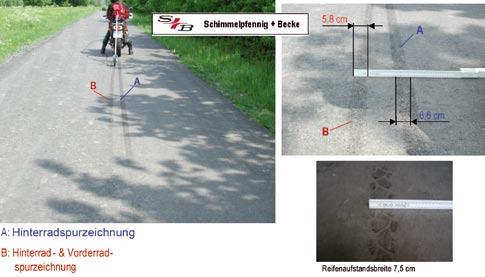 Wenn man wie bei den Versuchen den direkten Vergleich zwischen den erzeugten Spurenbildern hat, kann man aus der Breite der Hinterradspur auch Schlussfolgerungen über den Einsatz der Vorderradbremse